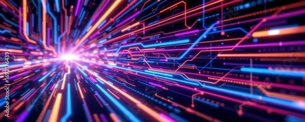 Fototapeta The image depicts a dynamic scene of vibrant, multicolored light streaks emanating from a central bright point, creating a sense of motion and energy