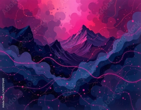 Fototapeta The image features a stylized mountain range with sharp peaks set against a vibrant, cosmic inspired sky