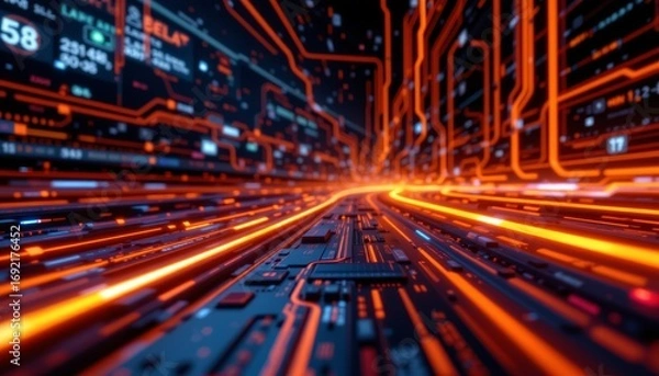 Fototapeta The image depicts a futuristic, digital landscape featuring a pathway or corridor filled with glowing orange and blue lights