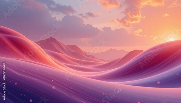 Fototapeta The image depicts a fantastical landscape with gently rolling, smooth hills that appear to be made of a silky, luminous material in shades of pink, purple, and orange