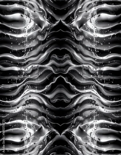 Fototapeta The image features a symmetrical, abstract pattern with flowing, wave like forms in shades of black, gray, and white