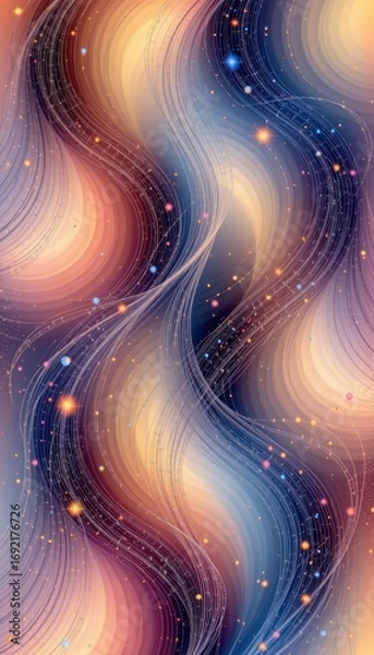 Fototapeta The image features an abstract cosmic scene with flowing, wave like patterns in warm tones of orange, yellow, and pink intertwined with cooler shades of blue and purple
