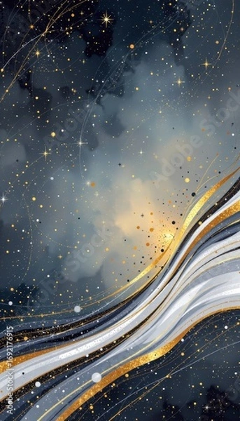 Fototapeta The image features a cosmic scene with a dark, star filled sky as the background