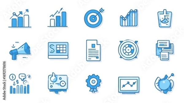 Fototapeta 15 illustrations of business data, graphs, goals, and strategy, outlined in light blue