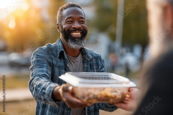 Fototapeta A cheerful man with a beard gives a food container to another person outdoor, sharing care and compassion, showing act of kindness and community, food donation program.