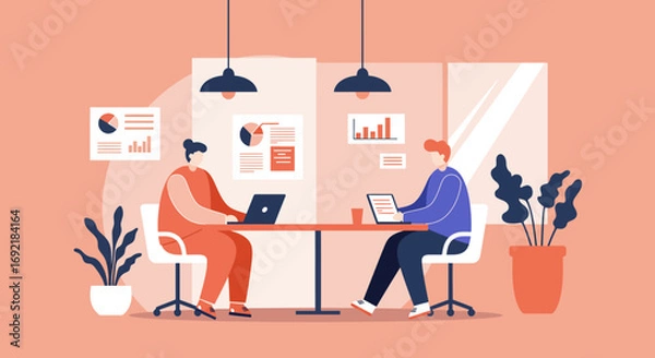 Fototapeta Two business professionals work on laptops in a modern office, analyzing data and collaborating. Ideal for themes of teamwork, digital transformation, and corporate productivity.