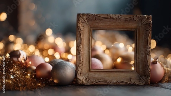 Fototapeta Ornate Wooden Frame with Christmas Baubles, Golden Tinsel and Warm Bokeh Lights Creating a Cozy Holiday Atmosphere
