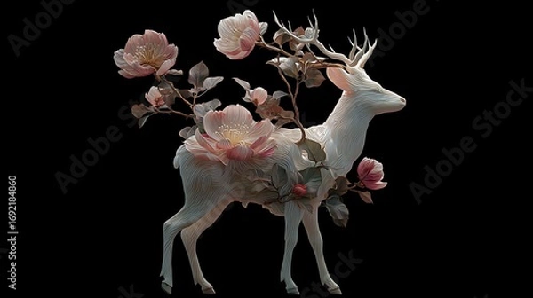Fototapeta White Deer with Blooming Pink and White Flowers Emerging from Antlers in Elegant Contrast Against Dark Minimal Background