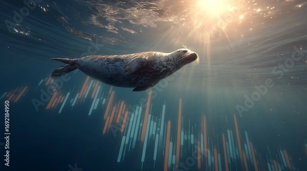Fototapeta Underwater Seal Swimming Through Sunlit Waves with Colorful Digital Light Trails in a Blend of Nature and Technology