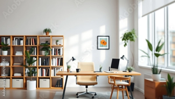 Fototapeta A zoom background photo of a minimalist modern office with a bookshelf and plants
