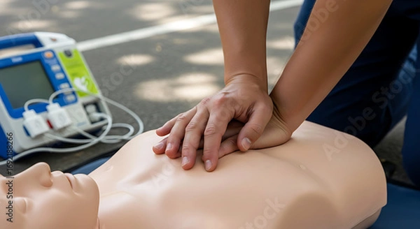 Fototapeta First aid training with CPR chest compressions on a mannequin and an automated external defibrillator