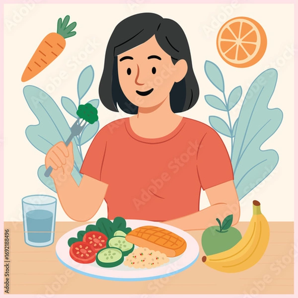 Obraz Illustration of a woman eating healthy food with vegetables, fruit, and drinks, depicting a healthy lifestyle and a balanced nutritional diet.