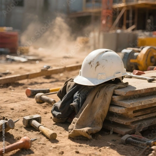 Fototapeta 건설현장의흰색안전모와작업복