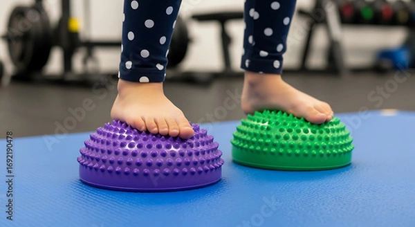 Fototapeta Little one's feet engaging with tactile balance pods, fostering motor skills and sensory integration