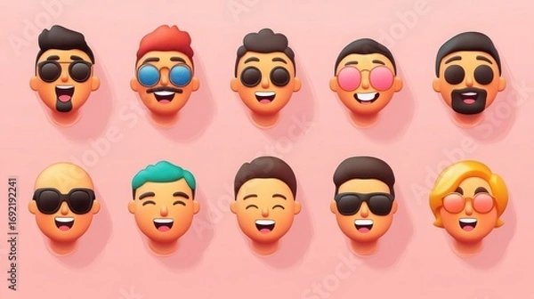 Obraz Collection of diverse emoji faces with different expressions and accessories on a pink background