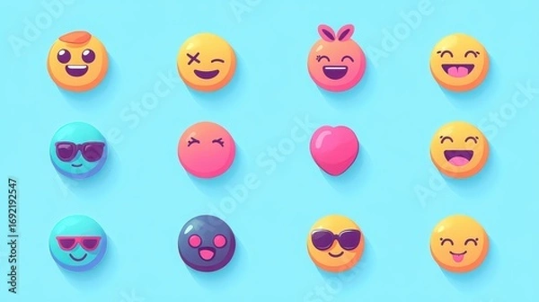 Obraz Collection of cute and playful emoji icons with different expressions on a light blue background