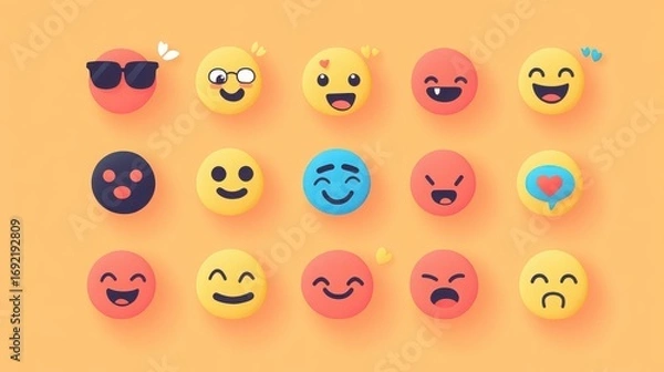 Obraz Collection of colorful emoji icons expressing various emotions, perfect for digital communication and social media