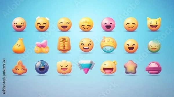 Obraz Collection of diverse and expressive emoji icons on a bright blue gradient background for digital communication