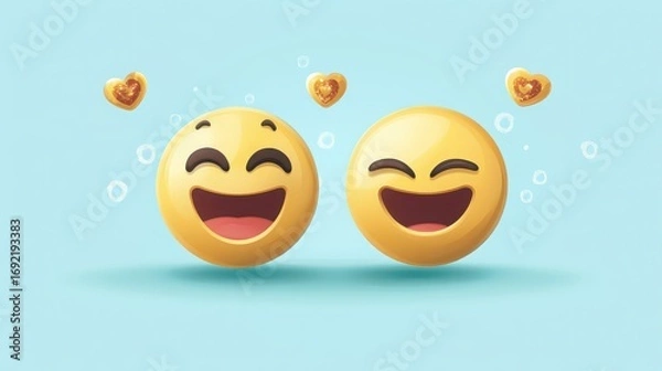 Obraz Two cheerful emoji faces with hearts floating around them on a light blue background, expressing joy