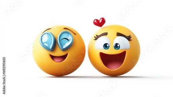 Obraz Two happy emojis are smiling and laughing isolated on white background, one with a heart above it