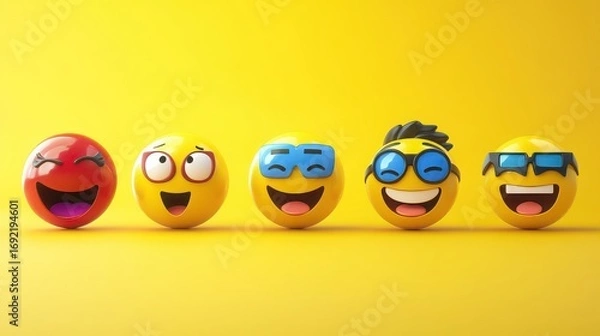 Obraz Five colorful emoji characters in a row against a bright yellow background with happy and fun expressions