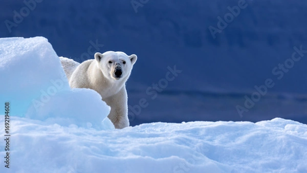 Fototapeta Polar bear, ursus maritimus, looks around the edge of an iceberg. Vikinge Bay, Scoresby Sund, Greenland. Blue background with space for text.