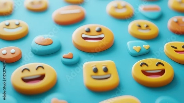 Obraz A collection of 3d rendered emoji icons with various expressions on a blue background in a flat lay style
