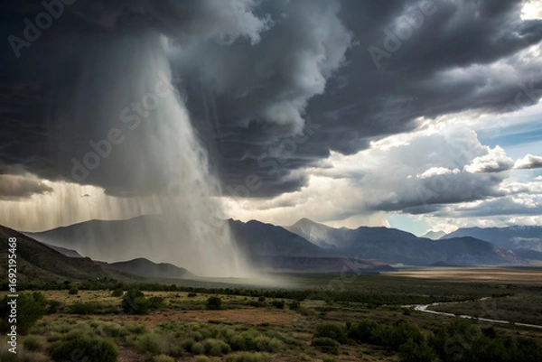 Fototapeta Dramatic Cloudburst Over Mountain Landscape with Heavy Rainfall