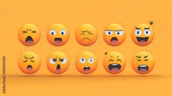 Obraz Collection of expressive emoji faces showing a variety of emotions on a bright orange background