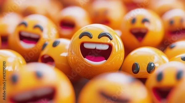 Obraz A group of yellow emoji balls with different facial expressions, one in focus laughing with mouth open