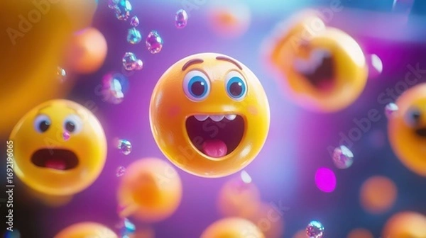 Obraz A yellow emoji ball with open mouth and big eyes floating in a purple and blue bubble background