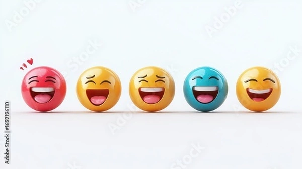 Obraz Row of colorful emoji characters with happy expressions isolated on white background