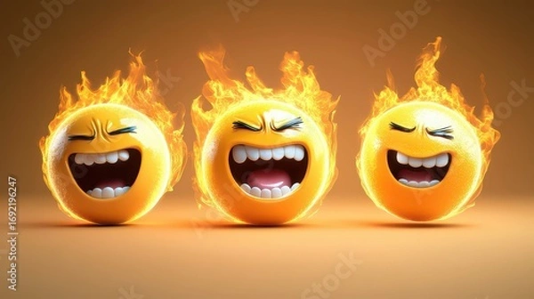 Obraz Three yellow laughing emojis on fire expressing joy and amusement in a vibrant and playful design
