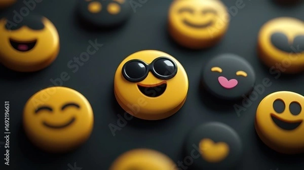Obraz A collection of 3d rendered yellow and black emoji faces expressing various emotions on dark background