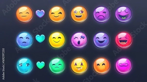 Obraz Collection of colorful cartoon emoji faces with different expressions on a dark background, vector illustration