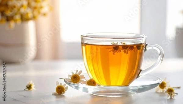 Fototapeta Chamomile Flower Tea in Clear Glass with Minimalist Background
