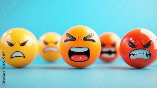 Obraz Group of angry emoji balls expressing rage and frustration on a blue background, symbolizing negative emotions