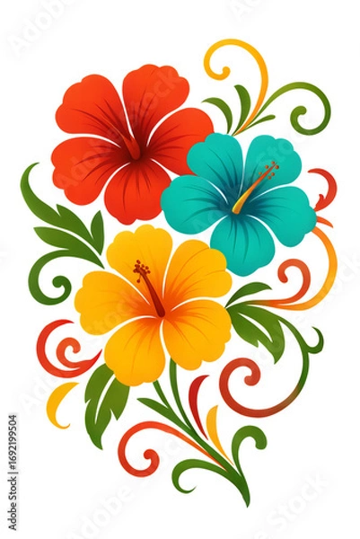 Fototapeta Vibrant hibiscus floral arrangement with swirling greenery and red accents on a dark canvas transparent background