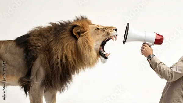 Fototapeta Lion Roaring into a Megaphone – Creative Advertising Concept with Copy Space - 3