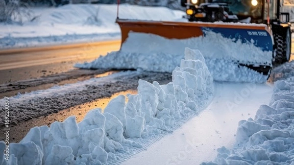 Fototapeta Snowy road edge, cleared by a plow, at twilight.