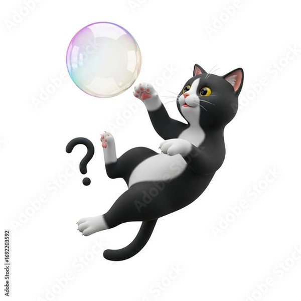 Fototapeta Whimsical feline contemplates a floating bubble with curious intrigue and question