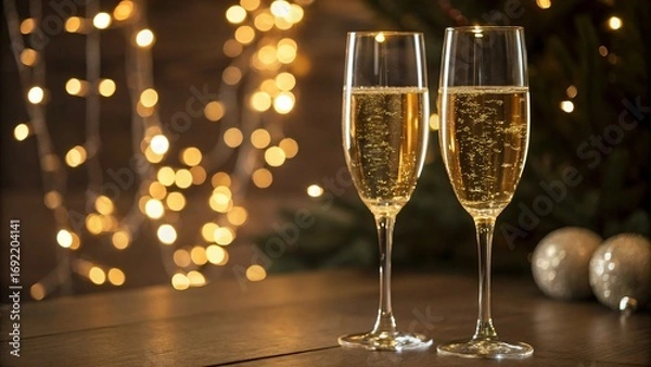 Fototapeta Two Glasses of Champagne with Soft Lights, Festive Flat Lay