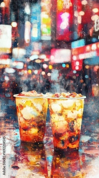 Obraz Two drinks in cups, vibrant city lights blurred background