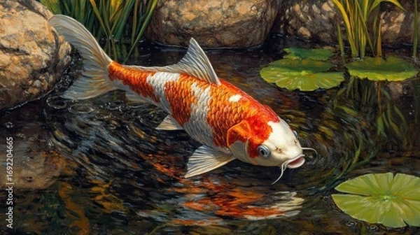 Obraz Colorful Koi fish leaping in a tranquil pond. Stones, lily pads, and water ripples surround it