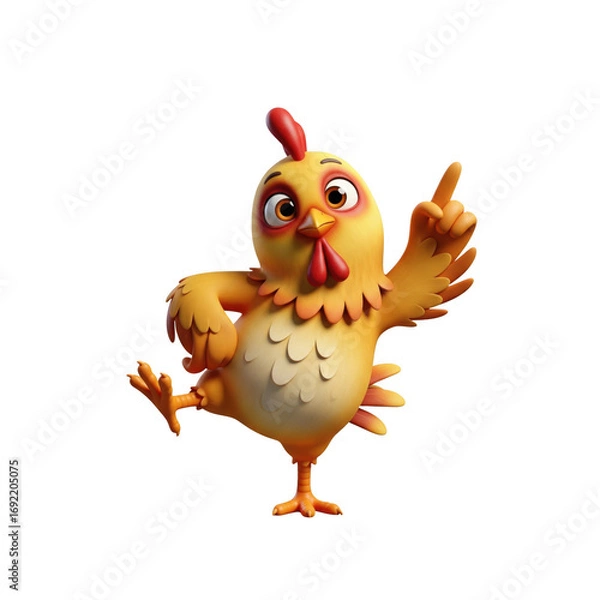 Fototapeta Playful animated rooster gesturing upwards against a dark, stark backdrop