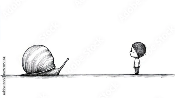 Obraz Child and large snail facing each other. Simple black and white illustration