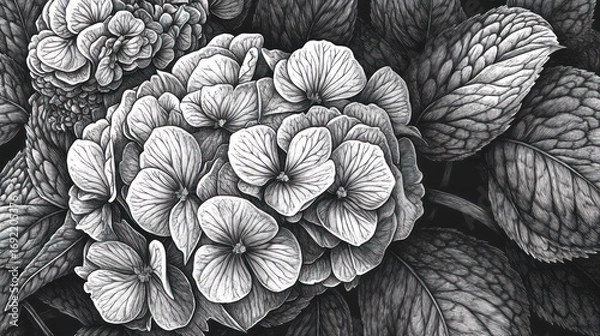 Obraz Detailed grayscale illustration of hydrangea blossoms and leaves