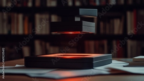 Obraz Dark room device, glowing red light, floating image