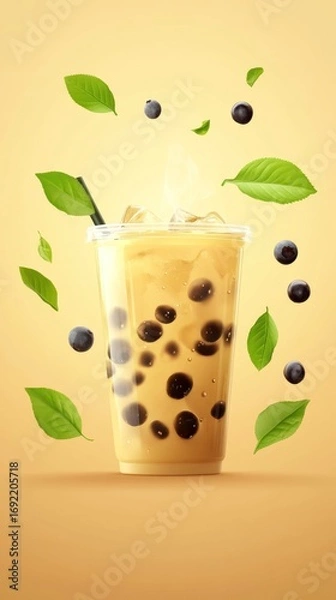 Obraz Transparent cup of bubble tea with floating ice, berries, and leaves