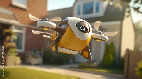 Obraz A cartoonish drone, yellow and brown, flies over a suburban home